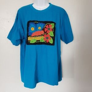 My Name is Panama Women's XL Bright Blue Short Sleeve T-shirt Butterfly Flowers